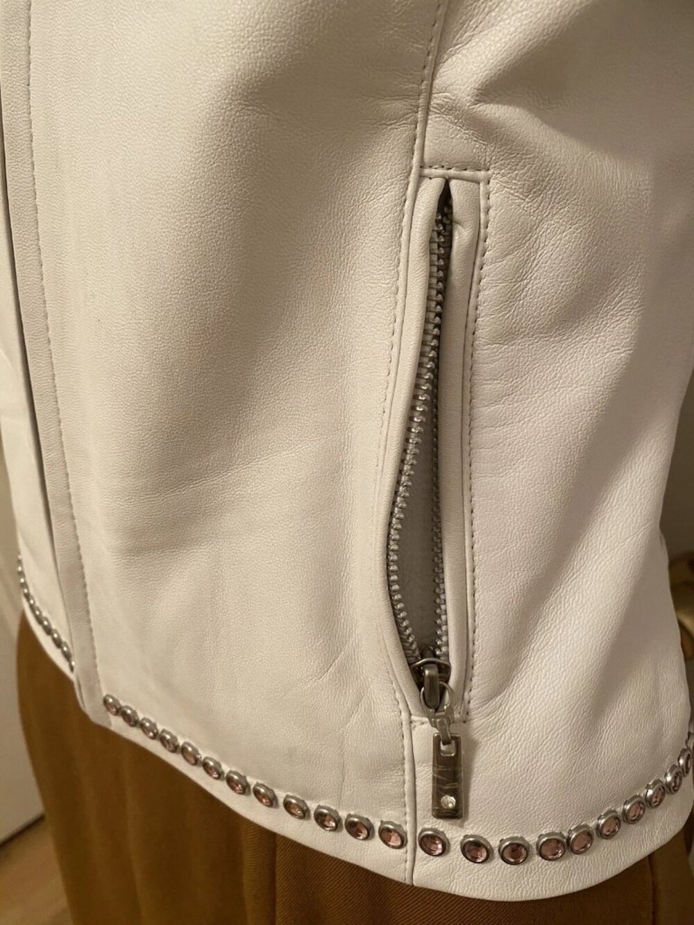 CRIPPLE CREEK Off White Leather Rhinestones Embellished Blingy Jacket S Small - Picture 12 of 16
